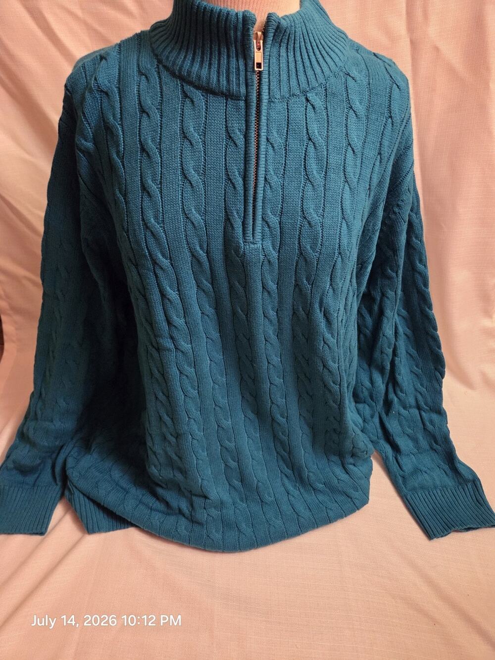 Woman Within Women's 3X Teal Cable Knit Mock Neck 1/4 Zip Cotton Sweater